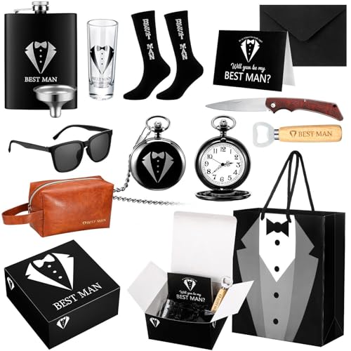 Shinylin 13 Pcs Best Man Proposal Gift Set Stainless Steel Flask Box Bag Shot Glass Bottle Opener Pocket Watch Sunglasses Knife Sock Card Toiletry Bag for Wedding