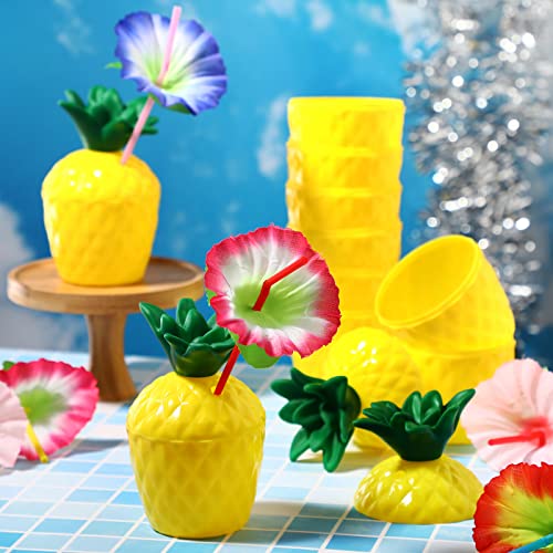Irenare 42 Sets Plastic Tropical Pineapple Drink Cups With Lids And Flower Straws, Hawaii Party Cups For Hawaiian Luau Party Children Summer Beach Party Supplies Decoration #TOP3