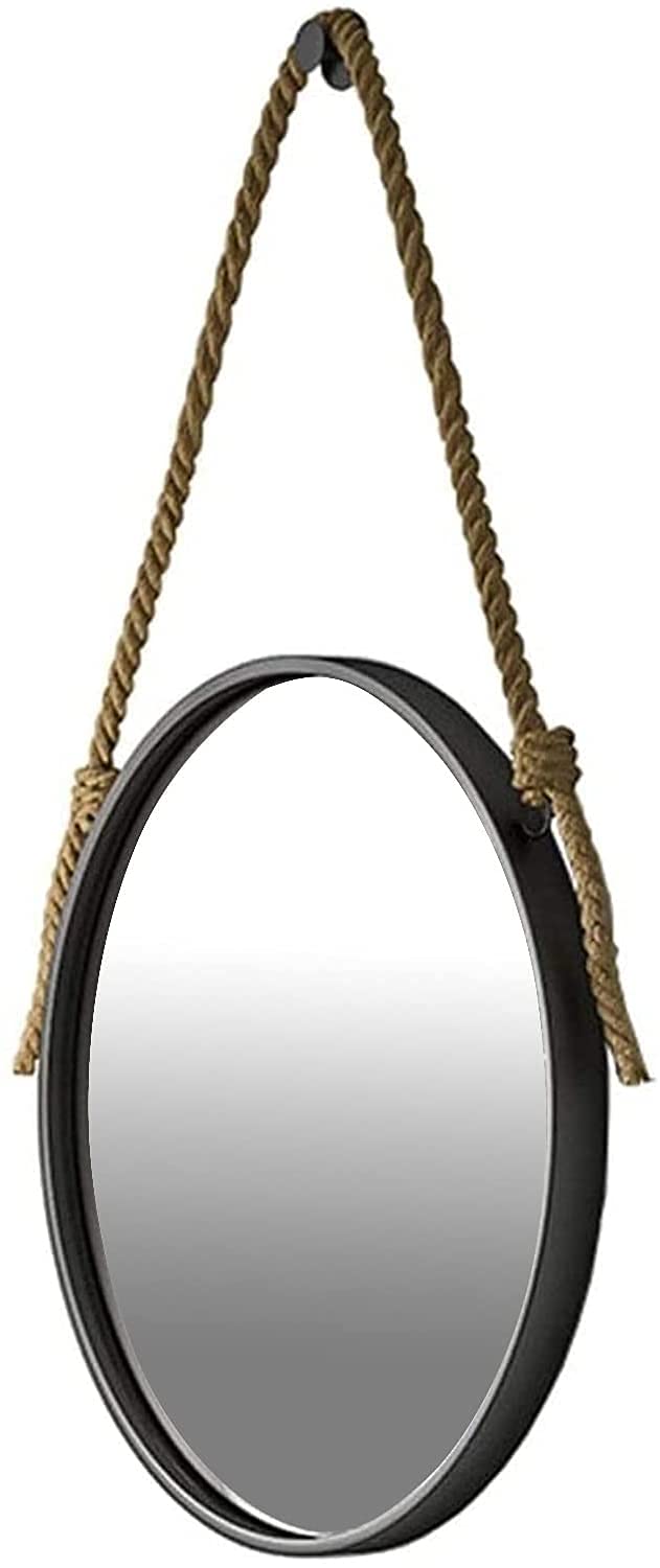 TYUHDUYUR Modern Black Round Wall Mirror with Hemp Rope Hanging Strap | Large Metal Frame Decor Mirror for Bathroom Entryway Vanity or Wall Decor Fashion / 70cm