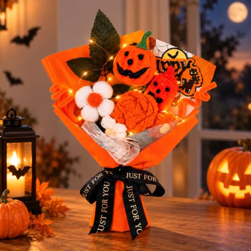 Image of Halloween Crochet Flower Bouquet with Pumpkin & Ghost, Handmade Orange Gift