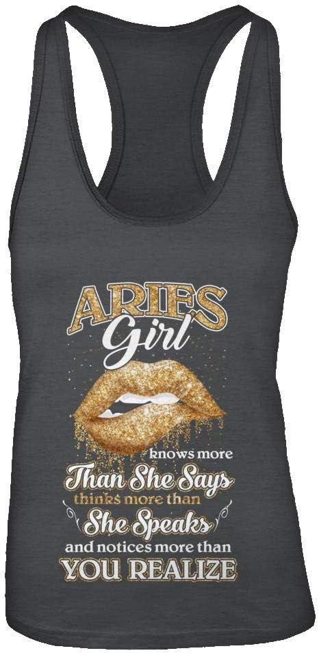 Women's Aries Girl Knows More Than She Says March April Birthday Shirt Racerback Tank Top