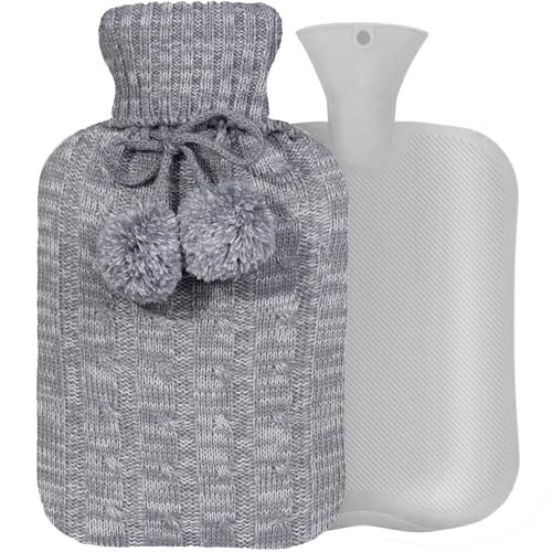OliviaLiving Botella de agua caliente con funda de punto, bolsa de agua caliente de 2 litros para aliviar el dolor, calambres menstruales, compresa caliente y fría, calentador de manos y pies,