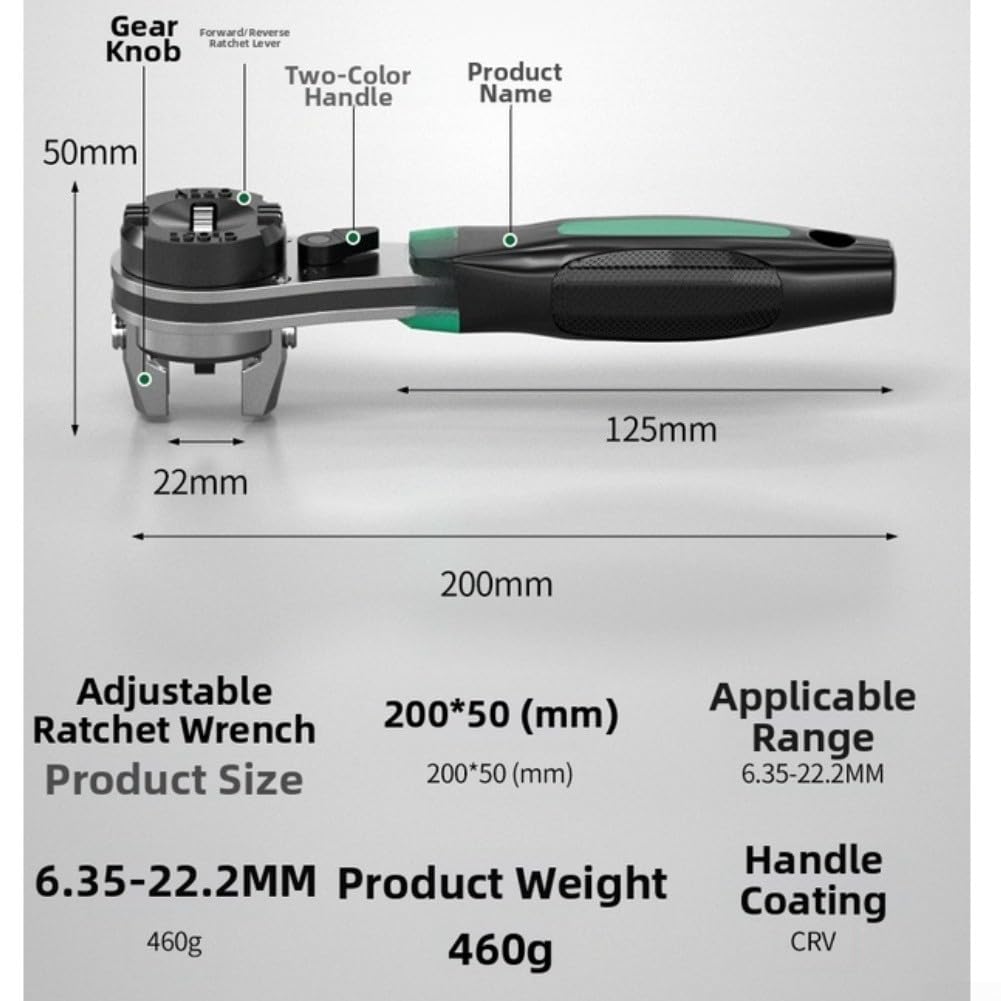 Llave de trinquete multifuncional 3 en 1 con engranaje de precisión de 60 dientes y mandíbula flexible de 6,35 mm a 22,5 mm para tareas mecánicas generales en acabado verde (C)