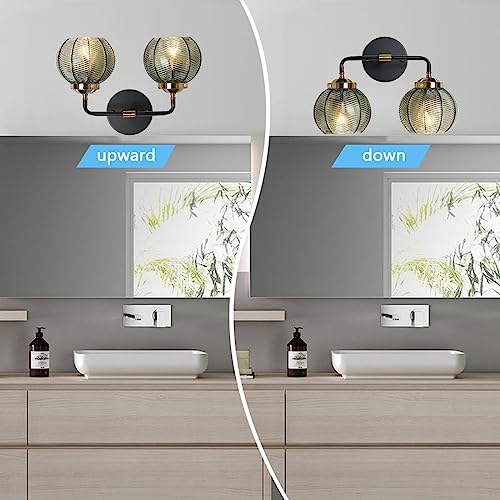 Image of Mid Century Vanity Light Black Bathroom Wall Light Fixtures Green Glass Wall Sconce lamp Ribbed Glass Shade Modern Art Deco Vanity Lights for Over Mirror Bedroom Hallway 2 Lights