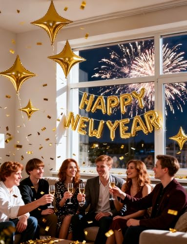 Image of Gold Happy New Year Balloons Set, 16 Inch Gold Foil Letter Balloons with Star Balloon, 2026 New Year Eve Party Decorations, Festive Celebration Supplies for Countdown, Home, Bar & Photo Booth Decor