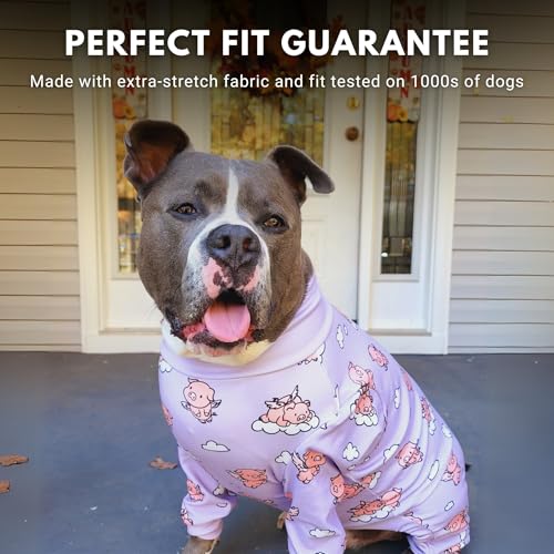 Image of Spark Paws Dog Pajama, Dog Recovery Suit Male, Onesie, Ultra-Soft and 4-Way Stretch, for Small Medium and Large Breeds - When Pigs Fly - Purple - 2XL
