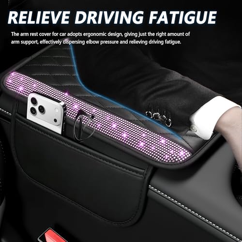 Image of Stacool Upgraded Car Center Console Cover with Rhinestones,Microfiber Leather Car Armrest Cover Cushion with 2 Storage Bags,Universal Cars Armrest Storage Box as Cars Interior Accessories