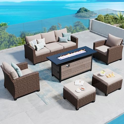 Patio-Furniture-Set-Outdoor-Furniture-Brown-Wicker-Rattan-Patio-Conversation-Sets-with-Cushion-Outside-Sofa-Set6-Pieces-with-Rectangular-Firepit-Table7-SeatsBeige Patio Furniture Set Outdoor Furniture Brown Wicker Rattan Patio Conversation Sets with Cushion Outside Sofa Set6 Pieces with Rectangular Firepit Table7 SeatsBeige