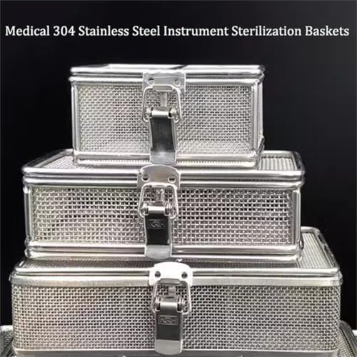 304 Edelstahl-Sterilisierungskorb mit Deckel, Hochleistungs-Mesh-Instrumenten-Schale für Autoklaven, hitzebeständiger chirurgischer Werkzeughalter für Krankenhauslabor-medizinische Reinigung 50x20x15c