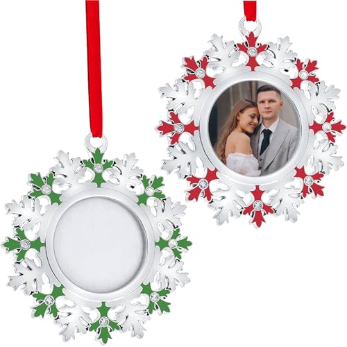 Ornamento fotografico di Natale - Cornice portafoto con fiocco di neve in argento ornamento natalizio - Set di 2 decorazioni per albero di Natale con fiocco di neve - cornice con fiocco di neve rosso