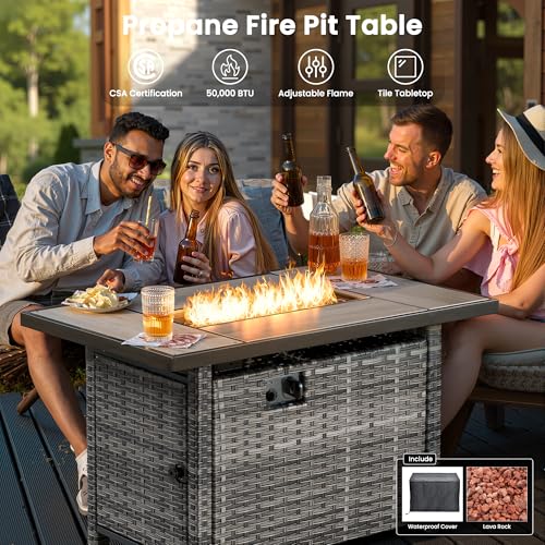 ovios 7 Pieces Patio Furniture Set with Rectangular Fire Pit Table, Swivel Rocking Chairs, Outdoor High Back Wicker Rattan Conversation Set for Deck Porch, Denim Blue