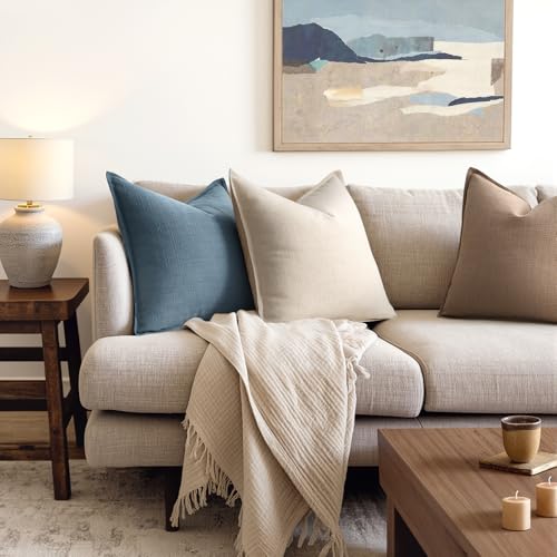 Image of MIULEE Pack of 2 Thick Textured Couch Throw Pillow Covers, Blue Decorative Pillow Covers 20x20, Neutral Linen Cushion Cases for Sofa Bed Living Room Modern Farmhouse Home Decor, No Filling