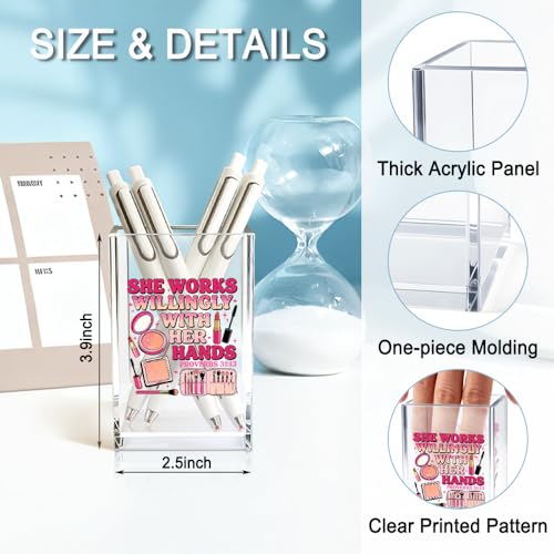 Image of She Works Willingly With Her Hand Acrylic Cosmetic Holder, Inspirational Makeup Brush Holder Gifts, Christian Bible Verses Gifts for Cosmetologist, Bathroom Vanity Storage for Makeup Brushes
