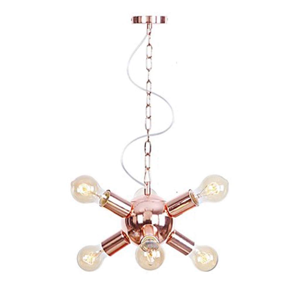 Lámpara de techo oro rosa sobre mesa de comedor con seis focos led tubulares de 80 cm