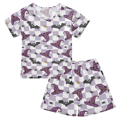 Pajama Short Sets Halloween Themed Checkerboard Pattern Design Soft Cotton Summer Sleepwear 2 Piece PJS Size 5-14T