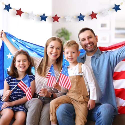 Image of 4th of July Star Mantle Garland Wooden Rustic Star Banner Vintage Independence Day Beads Garland Farmhouse 4th of July Decorations Hanging Celebration Decoration for Home Party Supplies