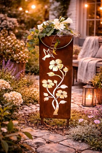 KAMACA Metall Säule mit Schale in Rostoptik 87 5 x 21 5 cm Gartenstecker mit Pflanzschale Vintage Gartendeko für Beet Terrasse Balkon & Eingangsbereich wetterfeste Dekosäule für außen