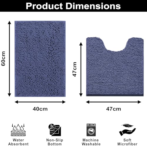Image of LUXEHOME International Microfibre Chenille Contour Bath Mat Set for Bathroom, Anti Slip Super Absorbent Quick Dry Washable Bathroom Mats, Solid (Navy 40x60cm & 47x47cm) Pack of 2