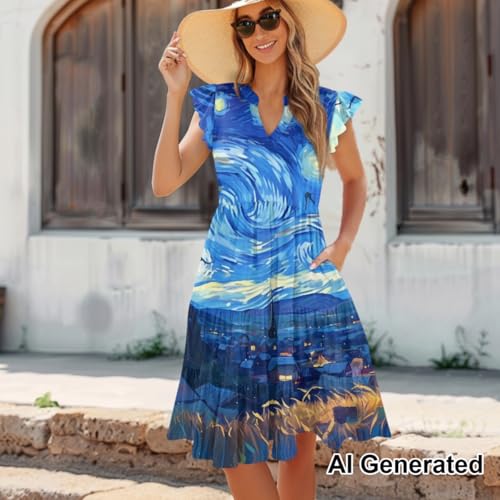 Image of Women's Casual Ruffle Sleeve Dress V Neck Pullover Dress Flowy A-Line Pleated Lightweight Dress with Pockets