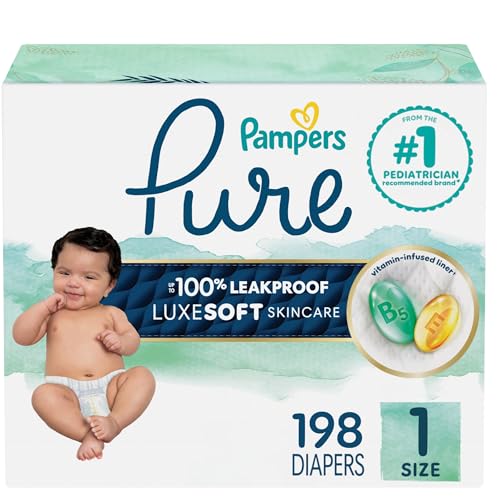 Pampers Pure Protection Baby Diapers, Size 1 (8-14 lbs), 198 Count, Up to 100% Leakproof, Premium Plant-Based Skin Protection, Hypoallergenic Soft Diapers