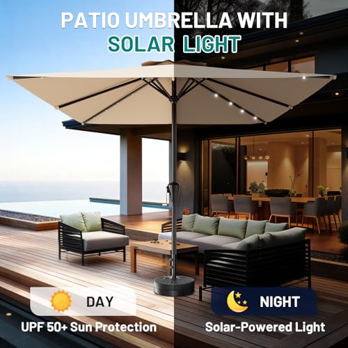 Image of AreShark 8' X 10' Rectangular Patio Umbrella with Solar Lights, Lighted Solar Umbrella with Crank, Outdoor Table Umbrella for Garden, Deck, Backyard, Pool and Beach, Beige