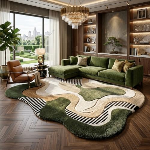 Image of SWEET HOMES Rug for Living Room, Checkered Area Carpets | Soft & Fluffy Irregular Carpet Anti-Skid Backing, 4 x 6 Feet (122 x 183 cm), Green Multi