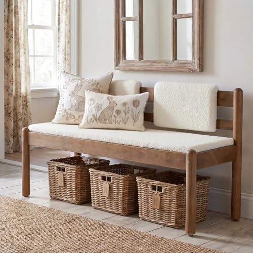 LITTLE TREE Solid Wood Entryway Bench 49 Dining Bench with Back Wood Settee Bench with Upholstered Seat Farmhouse Bedroom Bench for End of Bed Dining Room Mudroom Entryway White + Walnut Brown