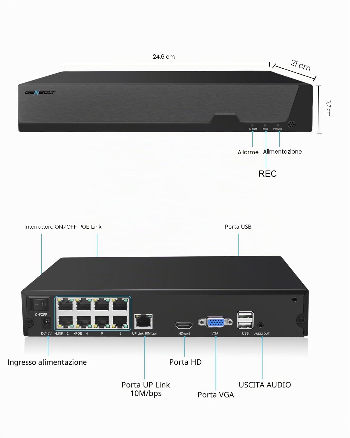 GENBOLT NVR PoE 4K, Sistema di videosorveglianza a 10 canali, Supporta telecamere IP PoE HD 8MP/5MP/4MP/1080P, Registrazione sorveglianza 24/7, HDD non incluso