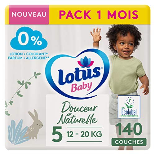 LOTUS BABY Douceur Natural – Pañales talla 5 (12-20 kg) Pack 1 mes – 140 pañales