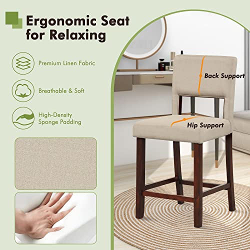 Image of COSTWAY Bar Stools Set of 4, Linen 24.5 Inch Counter Height Chairs with Hollowed Backs, Rubber Wood Legs, Upholstered Barstools for Kitchen Island Home Bar Pub Dining Room, Beige