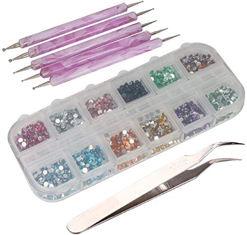 CJESLNA 3000pcs 2mm 12 Color Nail Art Glitter Rhinestones Tips + 5 x 2 Way Marbleizing Dotting Pen + Tweezer