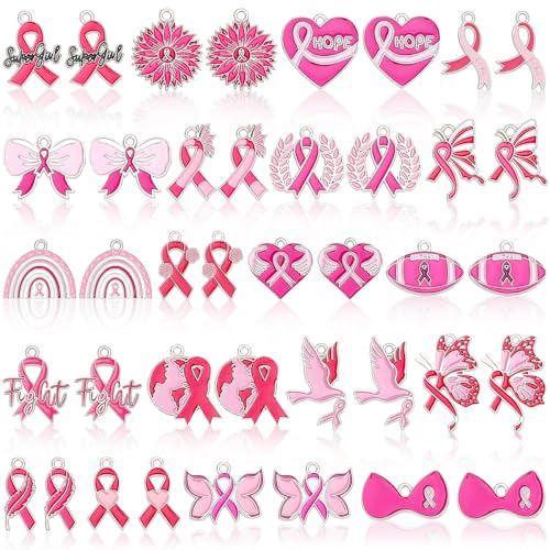 MARFOREVER 40 Pcs/20 Pairs Breast Cancer Awareness Charms Pink Ribbon Charm Hope Ribbon Pendants for Bracelet Necklace Earrings Making Accessories for Jewelry Making