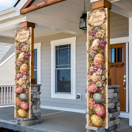 Image of Vintage Happy Easter Banner Pink Floral Eggs Easter Door Decor Porch Sign Easter Decorations for Home Outside 11.81 x 70.87 Inch