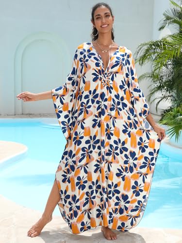 Image of IMAGEKOPE Women's Plus Size Animal Print V-Neck Batwing Kaftan Beach Dress Bathing Suit Cover-Up Loungewear