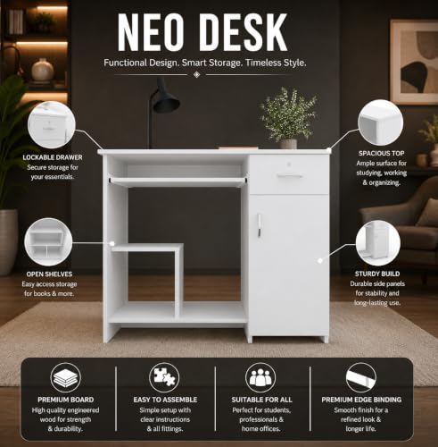 Image of 45x90x76CM Engineered Wood Study & Office Table with Drawer, Cabinet Storage & Keyboard Tray | Sturdy, Foldable DIY Multipurpose Table- White