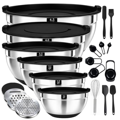 Greenloom 21 PCS Black Mixing Bowls with Lids Set, Size 4.5, 4, 3.5, 2.1, 1.5