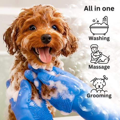 Image of Dog Washing Gloves with Bristle Scrubbers, Reusable Silicone Gloves Ideal for Pet Bathing, Massaging & Grooming (Blue)