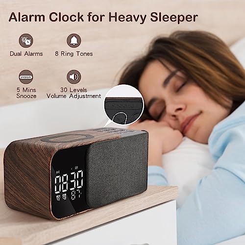Ewaise Alarm Clock With Bluetooth Speaker, 12 Soothing Songs Wood Color Clock Radio With Wireless Charger, Battery Operated Dual Alarm Clocks, Dimmable Led Alarm Clock, Snooze, Fm, Aux, Tf Card #TOP1