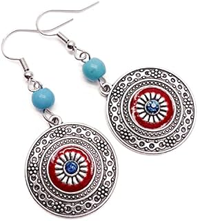Turquoise and Red Ornate Patterned Disc Bead Earrings in Antique Silver Look : 53mm