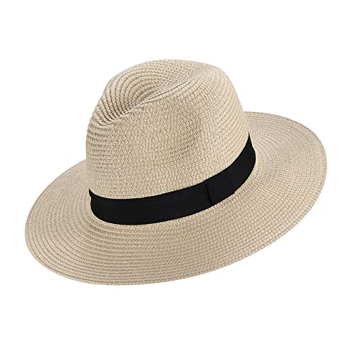 Sombrero de Paja Panamá para Hombre, con Banda Grosgrain, Sombrero Transpirable de ala Ancha para el sol, Traveller, Ocio, Deporte, Primavera, Verano (Beige)