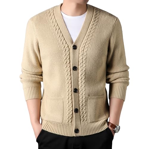 Mens Wool Blend Knitted Cardigan Line Type Textured Sweaters V-Neck Long Sleeve Topcoat with Pockets