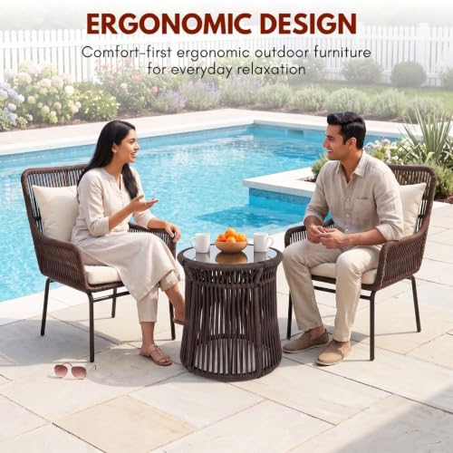 Image of DEVOKO Outdoor 3 Piece Patio Rope Chair Table Set All Weather-Resistant Cushion Handmade Furniture Perfect for Balcony, Garden, Patio, Terrace(Brown & Cream)