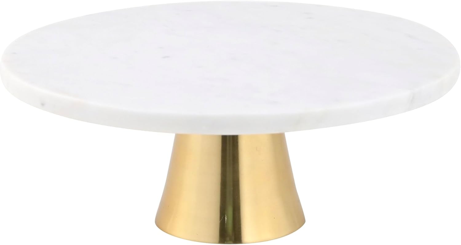 Cruiser’s Caché 12-Inch Marble Cake Stand | Natural White Marble with Gold Base | Round Dessert Stand, Cupcake Stand for Birthday Parties, Weddings, Baby Showers | White and Gold