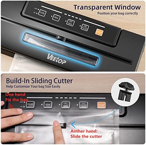 Veetop Vacuum Sealer, Automatic 80kPa Food Sealer Machine with Dry Moist Modes Built in Cutter for Food Preservation Sous Vide Cooking,1 Vacuum Rolls (20 * 200cm) & 10Pcs Vacuum Seal Bags