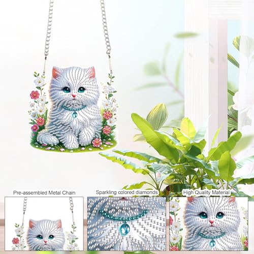 Image of White Cat Diamond Painting Hanging Kit, 5D DIY Acrylic Diamond Art Pendant with Special Shaped Rhinestones, Stained Glass Style Wall, Door or Window Decoration, Handmade Craft Gift for Adults