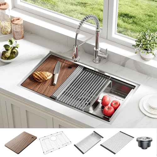 Undermount Kitchen Sink, 32x19 Inch Stainless Steel Kitchen- Single Bowl Sinks, Modern Top Mount 16 Gauge Workstation Sink-with Cutting Board for Bar, Silver (Not Included Faucet)