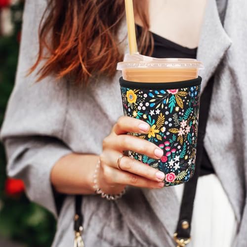 Image of Reusable Insulated Neoprene Iced Coffee Cup Sleeve, Durable Drink Sleeve for Cold Beverages, Beverage Holder for Iced Coffee, Lush Blossom