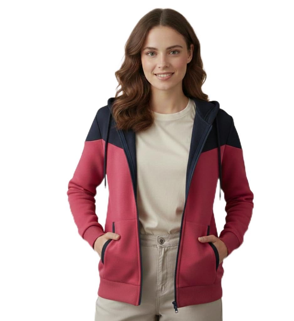 Shaarav Women's Two-Tone Zip-Up Hoodie Jacket, Pink and Navy Blue, Cotton Fleece, Colour Block, Casual Athleisure-picture-11
