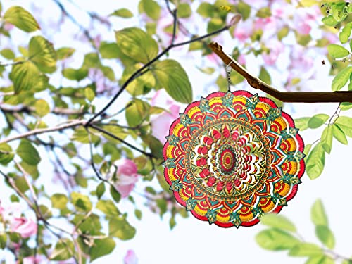 Yellow Shelf Mandala Decor Wind Spinners For Yard & Garden - Stainless Steel 3D Mandala Spinner - Hanging Wind Spinner For Lawn, Patio, Indoor & Outdoor Garden Decorations 12 Inches #TOP1