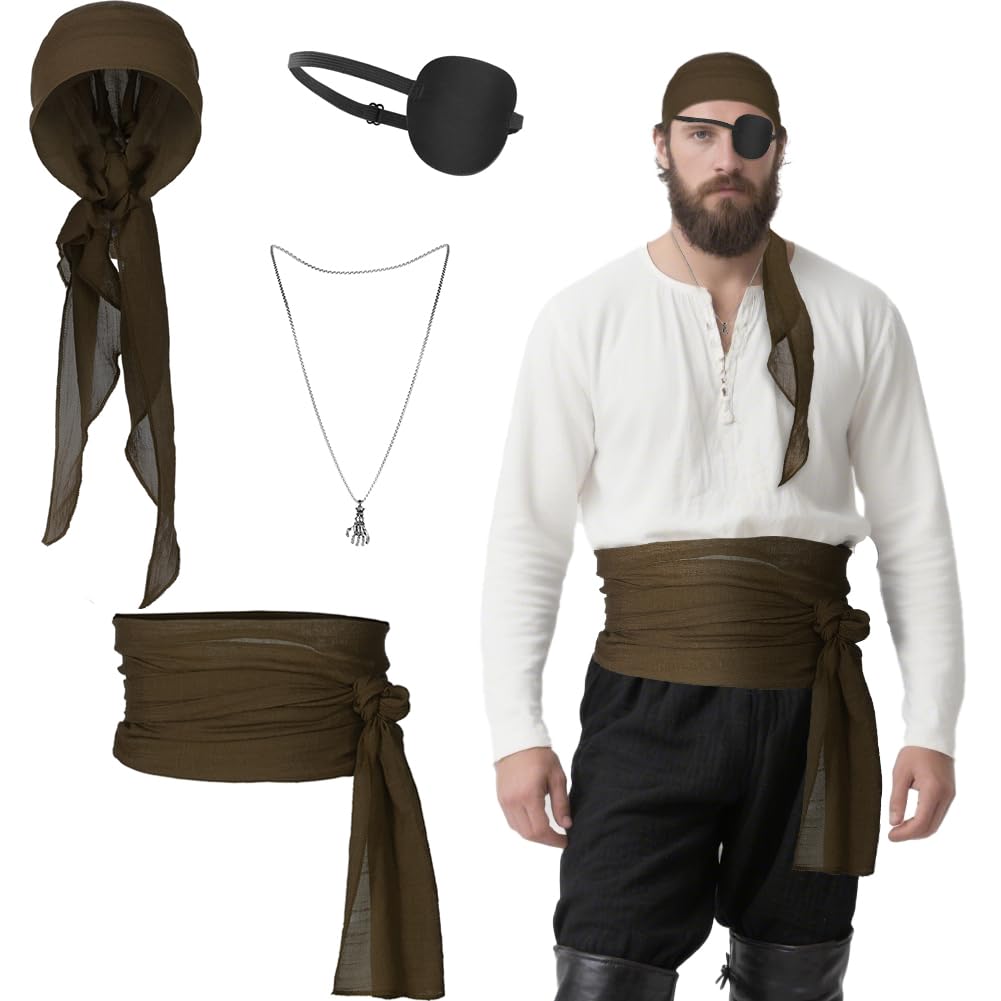 4pcs Pirate Costume Accessory Set for Women Men Eye Patches Bandana Sash Belt Head Scarf Pendant Chain for Medieval Renaissance Fancy Dress Role Play Party Accessories Halloween Skull Skeleton Pendant